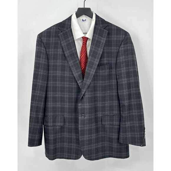 jacket blazer sport coat plaid lightweight business 2 btn gray 43R - Picture 3 of 8